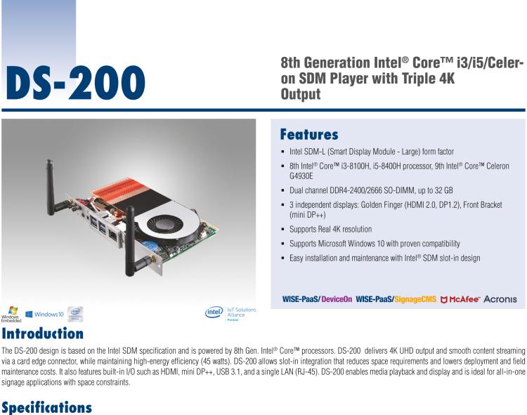 研華DS-200 Intel ? 第八代 Core? i3/i5 SDM，支持4K三顯的數(shù)字標(biāo)牌播放器