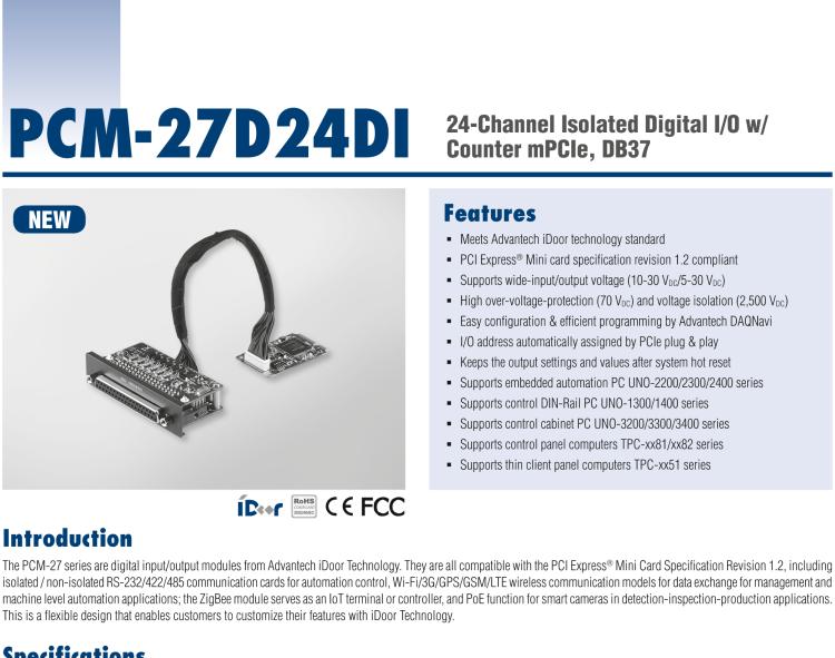 研華PCM-27D24DI 24通道隔離數(shù)字量 I/O 帶計數(shù)器 mPCIe, DB37