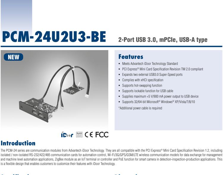 研華PCM-24U2U3 2端口USB 3.0，mPCIe，USB-A型