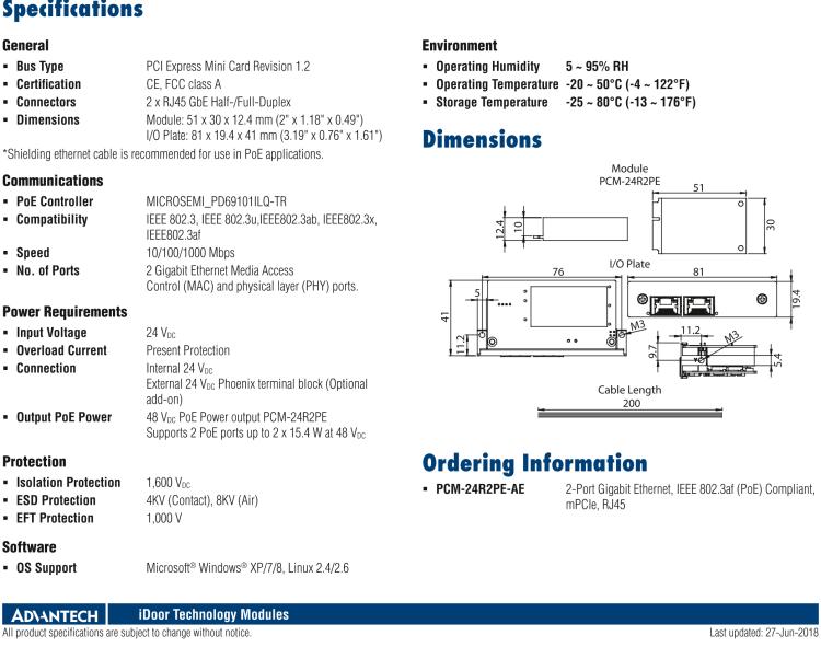 研華PCM-24R2PE 2端口千兆以太網(wǎng)，兼容IEEE 802.3af（PoE），mPCIe，RJ45