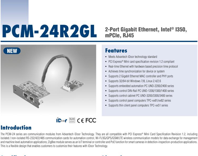 研華PCM-24R2GL 2端口千兆以太網(wǎng)，mPCIe，RJ45