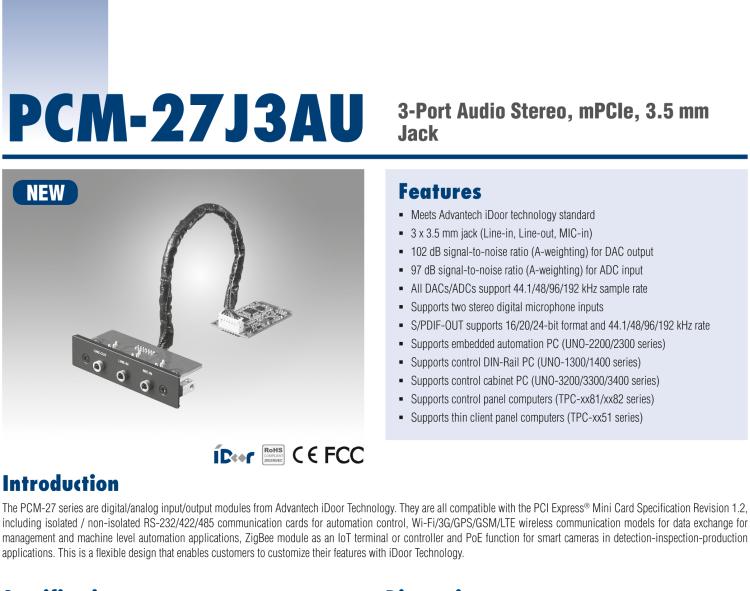 研華PCM-27J3AU 3端口立體聲音頻，mPCIe，3.5毫米插孔