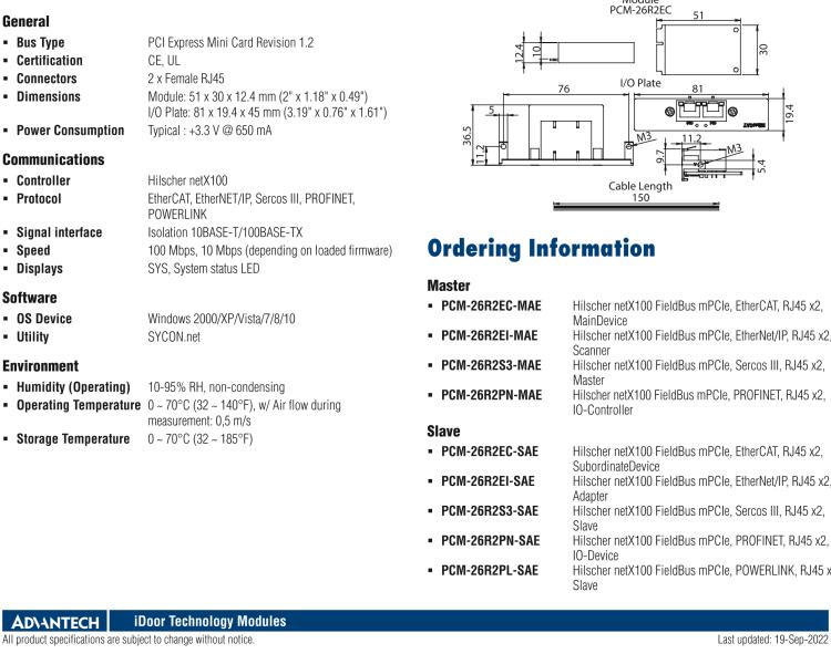 研華PCM-26R2EC 2端口 Hilscher netX100 現(xiàn)場總線 mPCIe, EtherCAT, RJ45