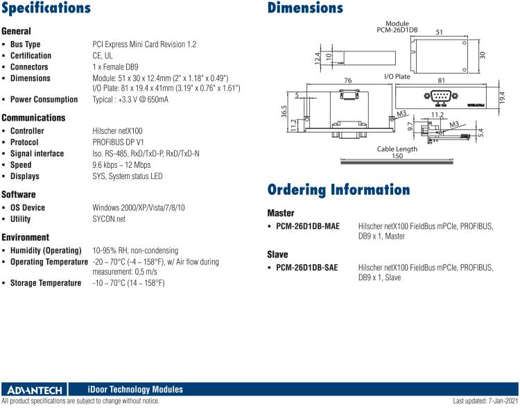 研華PCM-26D1DB 1端口 Hilscher netX100 現(xiàn)場(chǎng)總線 mPCIe，PROFIBUS，DB9