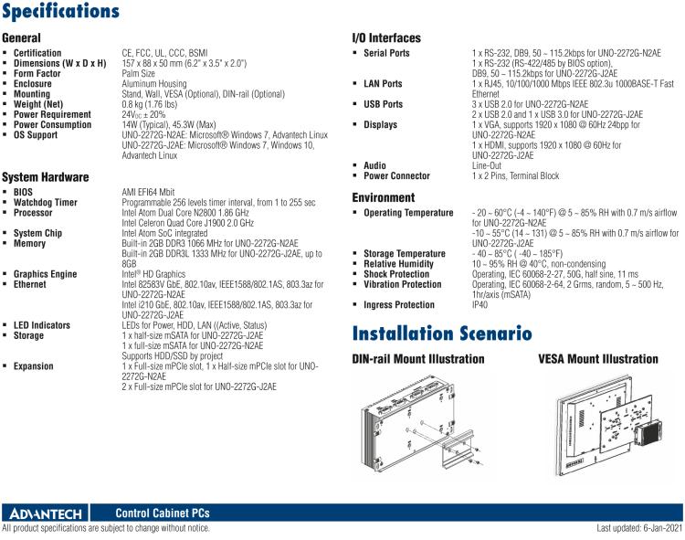 研華UNO-2272G 袖珍型嵌入式工控機，搭配Intel? Atom?處理器，1 x GbE, 2 x mPCIe, VGA/HDMI