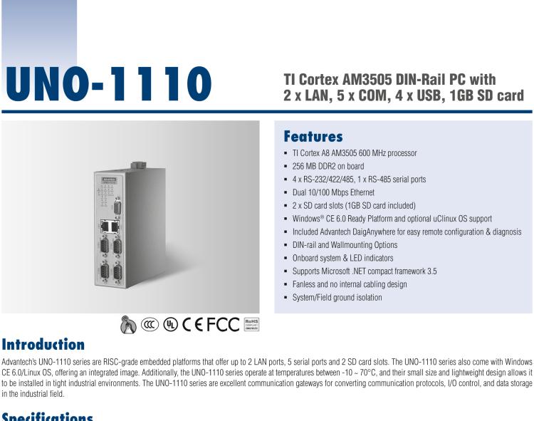 研華UNO-1110 導(dǎo)軌安裝型工業(yè)控制器，搭配TI Coretex AM3505 處理器，2×LAN，5×COM，4×USB，1 GB SD卡