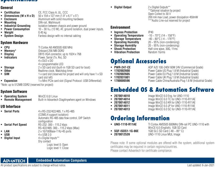 研華UNO-1110 導(dǎo)軌安裝型工業(yè)控制器，搭配TI Coretex AM3505 處理器，2×LAN，5×COM，4×USB，1 GB SD卡