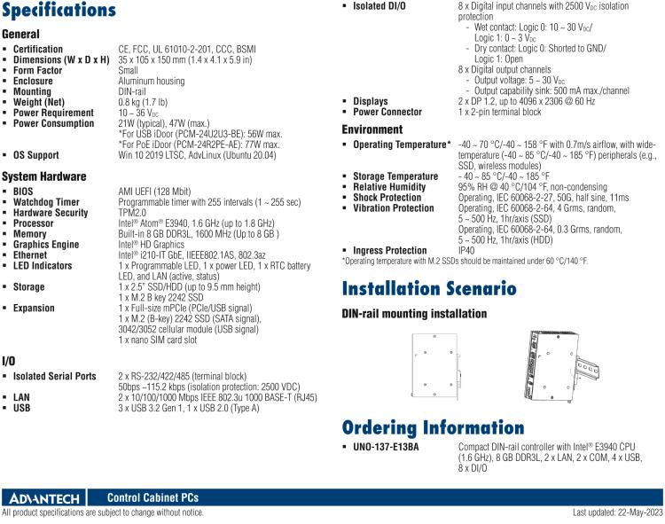 研華UNO-137 DIN導(dǎo)軌控制器，配備Intel?Atom?E3940 CPU、2個(gè)LAN、2個(gè)COM、3個(gè)USB 3.0、1個(gè)USB 2.0、2個(gè)DP 1.2、8個(gè)DI、8個(gè)DO、1個(gè)M.2、1個(gè)mPCIe、TPM 2.0