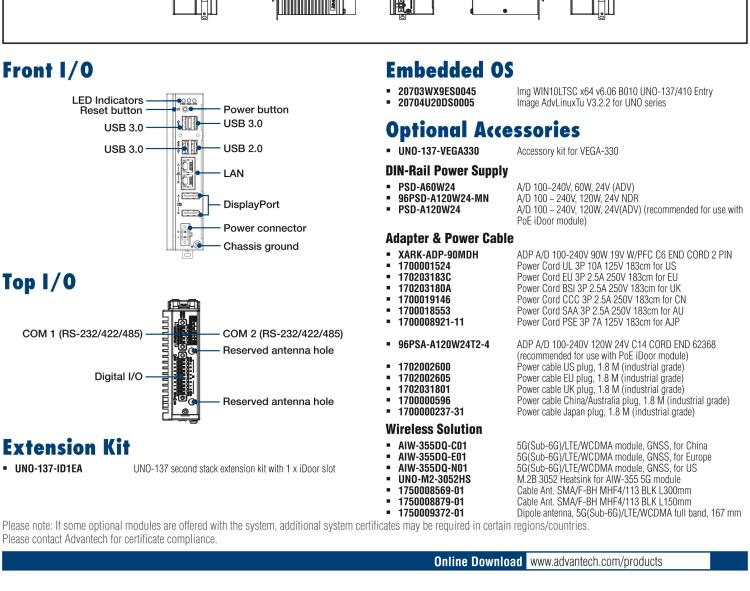 研華UNO-137 DIN導(dǎo)軌控制器，配備Intel?Atom?E3940 CPU、2個(gè)LAN、2個(gè)COM、3個(gè)USB 3.0、1個(gè)USB 2.0、2個(gè)DP 1.2、8個(gè)DI、8個(gè)DO、1個(gè)M.2、1個(gè)mPCIe、TPM 2.0