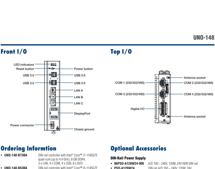 研華UNO-148 常規(guī)無風(fēng)扇DIN導(dǎo)軌控制器，采用第11代Intel? Core? i處理器
