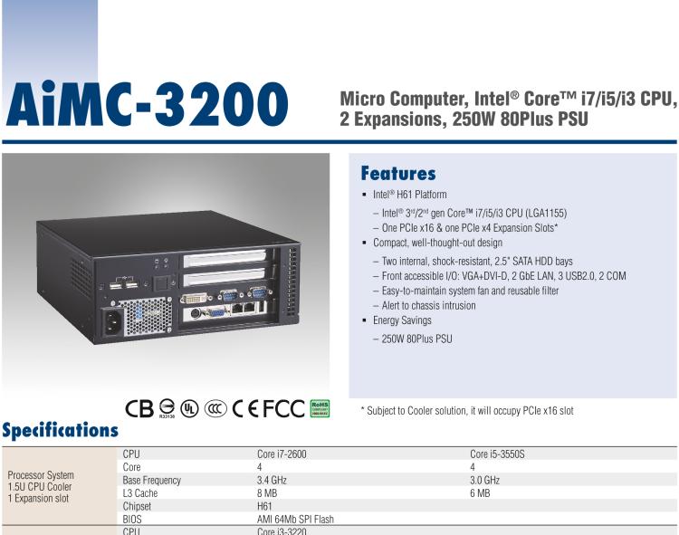 研華AiMC-3200 智能微型工控機(jī)，Intel Core i7/i5/i3 CPU,2 擴(kuò)展槽，250W 80 Plus PSU