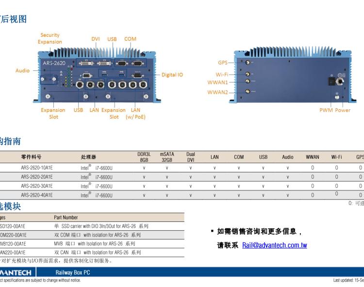 研華ARS-2620 EN50155 Intel? i7-6600U/i7-7600U 無風扇設計之列車車輛控制系統(tǒng)