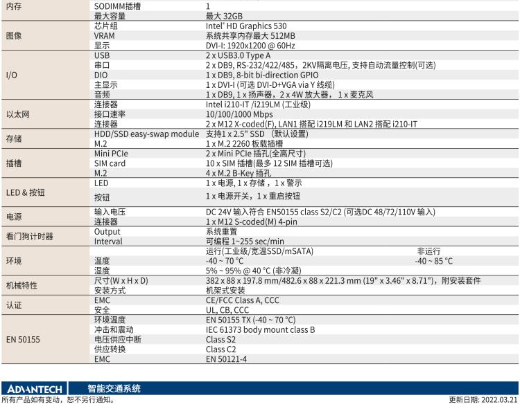 研華ITA-5231W 英特爾?第六代酷睿?i處理器無(wú)風(fēng)扇系統(tǒng)；符合EN 50155的鐵路應(yīng)用