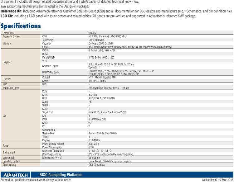 研華ROM-1210 基于NXP ARM Cortex?-A8 i.MX53 1GHz高性能處理器的RTX核心模塊，低功耗