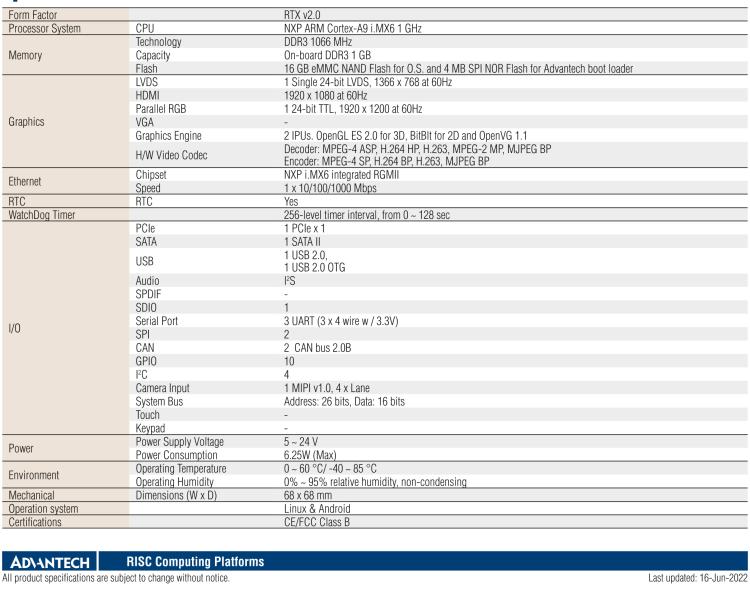 研華ROM-3420 基于NXP ARM Cortex-A9 i.MX6 RTX2.0 核心板