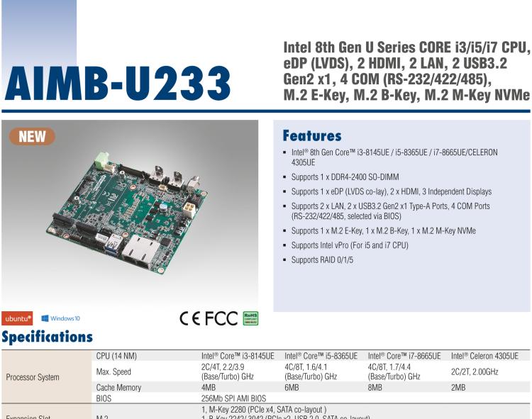 研華AIMB-U233 板載Intel 第8代 U系列 Core i3/i5/i7 處理器。低功耗高性能，無(wú)風(fēng)扇設(shè)計(jì)。