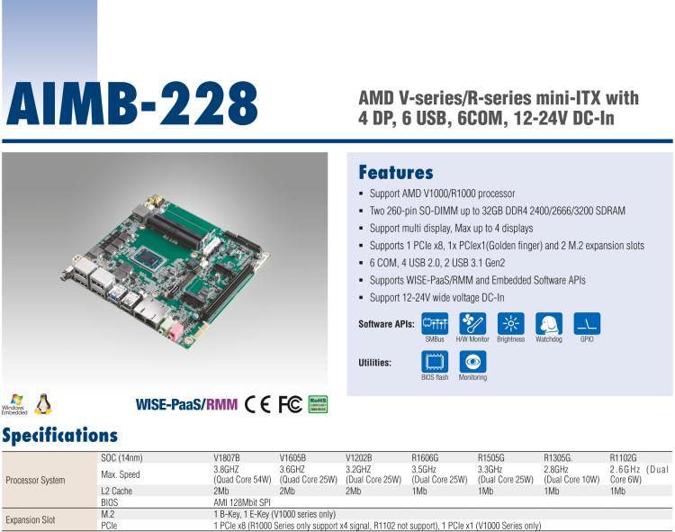 研華AIMB-228 板載AMD V系列/R系列處理器。超薄設(shè)計(jì)，支持寬壓，廣泛應(yīng)用在圖像處理、醫(yī)療影像等行業(yè)上。