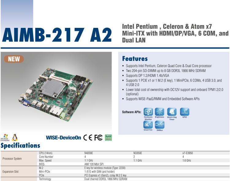 研華AIMB-217 板載Intel? 第6代 奔騰、賽揚(yáng)、凌動(dòng)系列處理器。擁有多COM和雙千兆網(wǎng)口，超薄緊湊，無(wú)風(fēng)扇設(shè)計(jì)，支持寬溫。