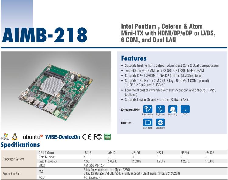 研華AIMB-218 板載Intel? 第8代 奔騰/賽揚/凌動系列處理器。支持獨立三顯，超薄緊湊，無風扇設計，支持寬溫。