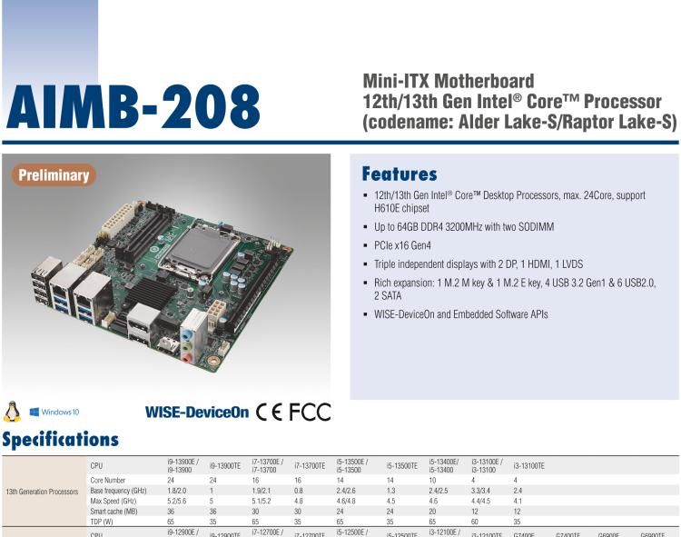研華AIMB-208 適配Intel 第12/13代 Core i/奔騰系列處理器，搭載H110芯片組。高性價比，擁有豐富的擴(kuò)展接口，通用性強(qiáng)，穩(wěn)定可靠。