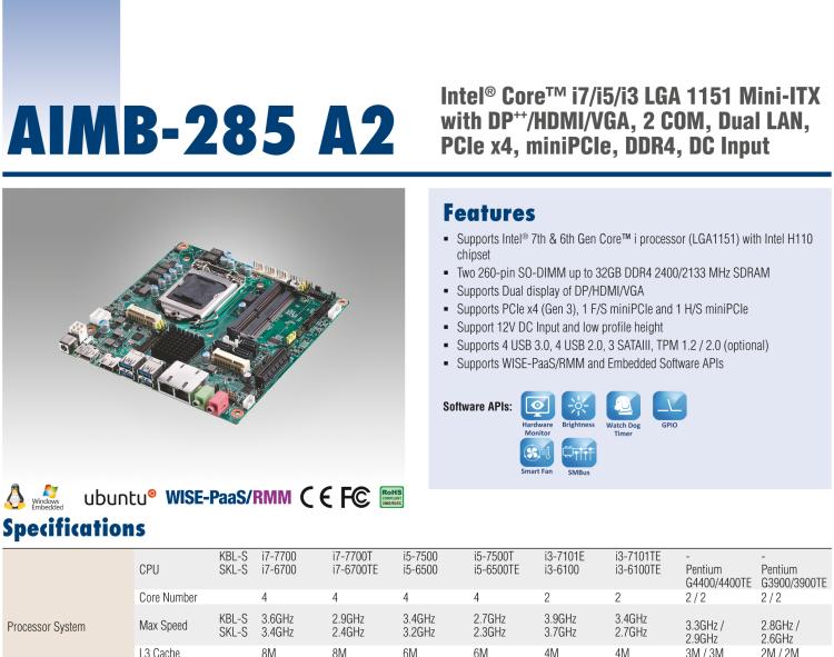 研華AIMB-285 適配Intel? 第6/7代 Core? i 處理器，搭載H110芯片組。超薄緊湊，是理想的高性?xún)r(jià)比解決方案。