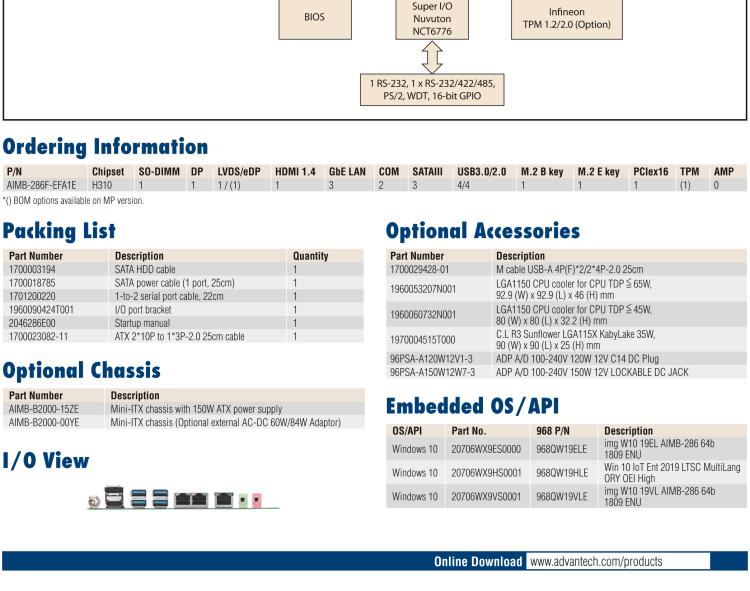 研華AIMB-286EF 適配Intel 第8/9代 Core i 處理器，搭載Intel H310芯片組。擁有1個(gè)PCIe x16插槽。超薄設(shè)計(jì)，接口豐富，是高端應(yīng)用中的高性價(jià)比方案。