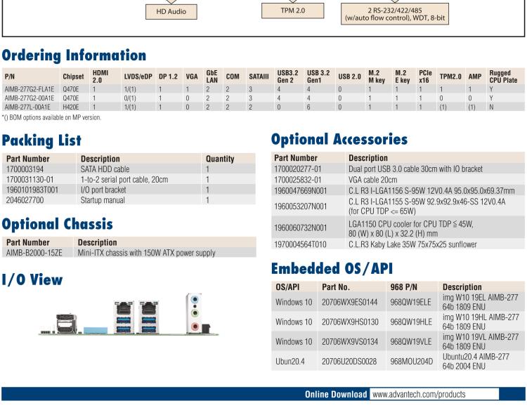 研華AIMB-277 適配Intel? 第10代 Core? i 系列處理器，搭載Q470E芯片組。性能強勁，適用于高端應用領域。