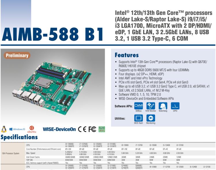 研華AIMB-588B1 適配Intel 第12/13代 Core i/奔騰系列處理器，搭載Q670E/R680E/H610E芯片組。性能可達服務器級別，獨立四顯，具備專業(yè)的圖像處理能力，是理想的行業(yè)解決方案。