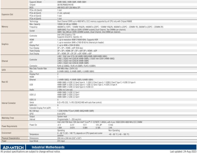 研華AIMB-588 適配Intel 第12代 Core i 系列處理器，搭載Q670E/ R680E/ H610E芯片組。高性能可達(dá)服務(wù)器級(jí)別高端產(chǎn)品，獨(dú)立四顯，專業(yè)的圖像處理能力，是理想的行業(yè)解決方案。