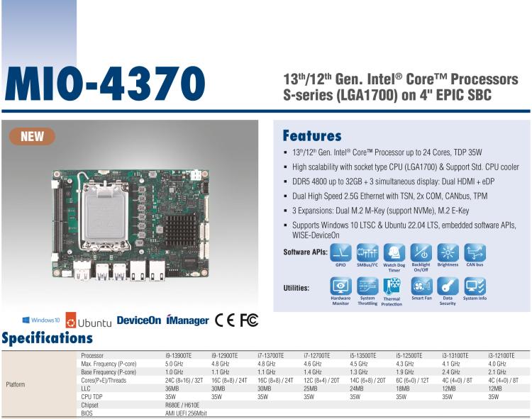 研華MIO-4370 基于第12代Intel Core處理器（Alder Lake-S系列，LGA1700 socket CPU）， 4" EPIC 單板電腦