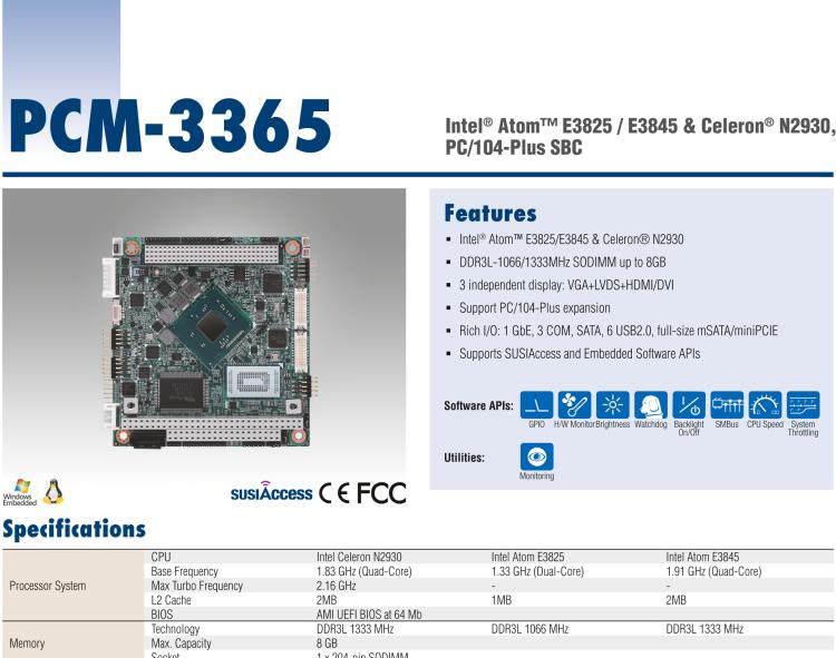 研華PCM-3365 英特爾第四代凌動?Atom?E3825 / E3845＆賽揚?N2930，PC / 104-Plus嵌入式主板，ISA，VGA，HDMI / DVI，LVDS，6 USB，mSATA或板載SSD