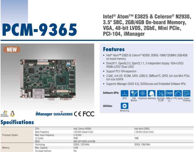 研華PCM-9365 第四代ATOM PCI-104 3.5寸主板, 搭載E3825，N2930 CPU，2GB/4GB內(nèi)存在板，VGA, 18/24-bit LVDS, 2GbE, Mini PCIe, PCI-104, iManager