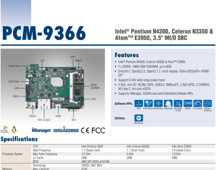 研華PCM-9366 Intel 第六代Atom?奔騰N4200賽揚(yáng)N3350，3.5寸單板電腦