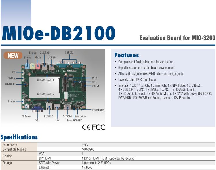 研華MIOE-DB2100 MIOe擴展評估底板,適用MIO-3260全插針式2.5寸主板