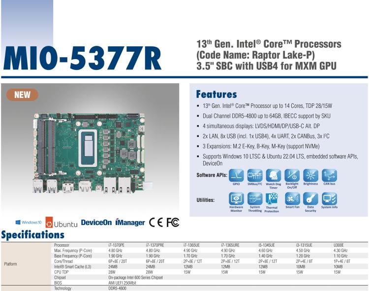 研華MIO-5377R 第13代Intel Core i7/ i5/ i3/U300E P/U系列 3.5" 單板電腦