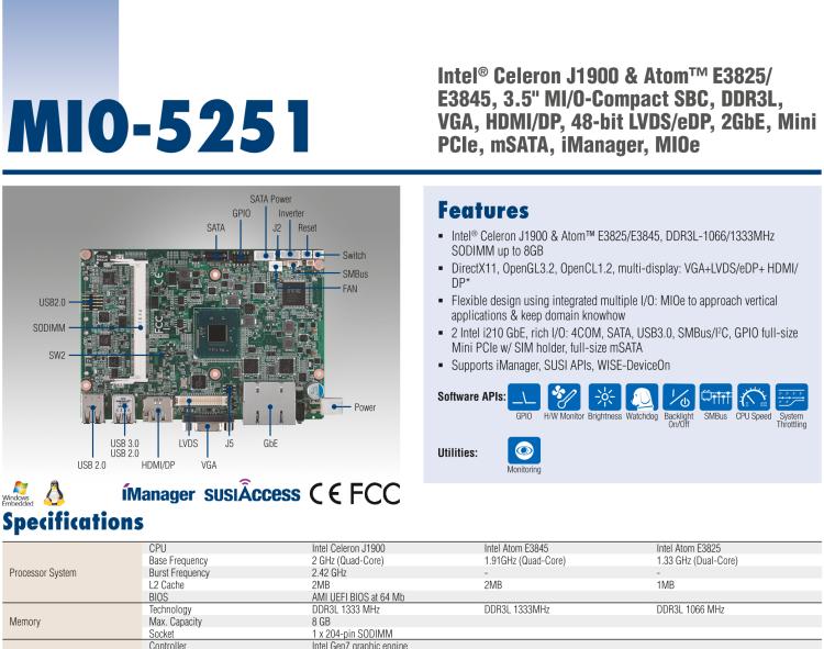 研華MIO-5251 3.5寸MIO單板電腦，采用嵌入式 Intel? Atom? E3825 &Intel? J1900處理器