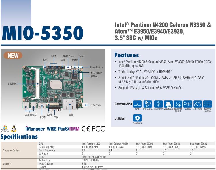 研華MIO-5350 英特爾第六代凌動 Atom?奔騰N4200/N3350，3.5寸單板電腦