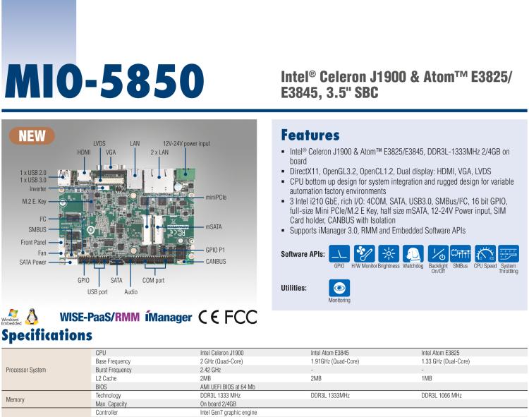 研華MIO-5850 Intel賽揚(yáng)J1900和Atom?E3825 / E3845,3.5“MI / O-Compact SBC，板載DDR3L，3GbE，iManager 3.0,16位GPIO，CANBUS，板載eMMC，12V / 24V電源輸入