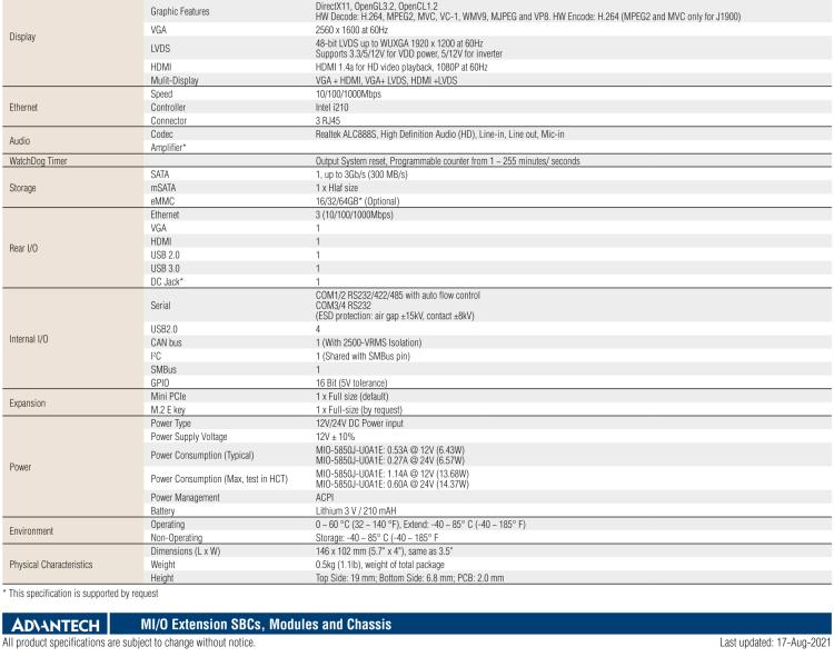 研華MIO-5850 Intel賽揚(yáng)J1900和Atom?E3825 / E3845,3.5“MI / O-Compact SBC，板載DDR3L，3GbE，iManager 3.0,16位GPIO，CANBUS，板載eMMC，12V / 24V電源輸入