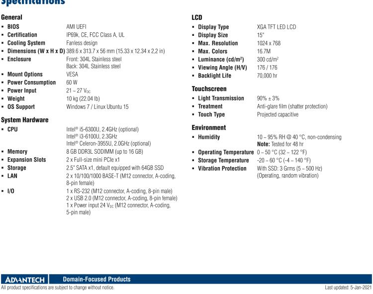 研華SPC-515 具有不銹鋼外殼和IP69K防護(hù)等級的15英寸XGA TFT LED LCD多點(diǎn)觸摸工業(yè)平板電腦