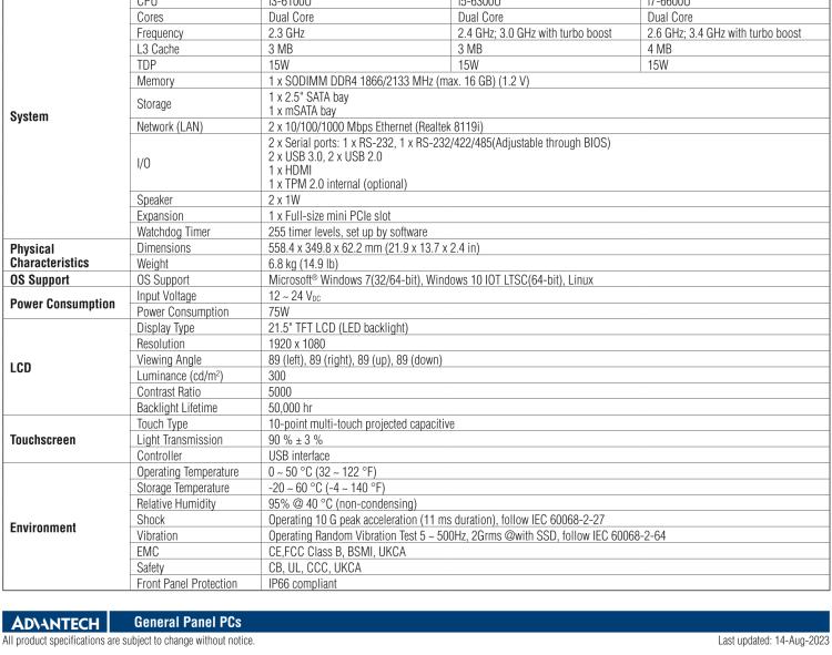 研華PPC-3211SW 21.5"無(wú)風(fēng)扇工業(yè)平板電腦, 搭載Intel? 第六代 Core? i 處理器