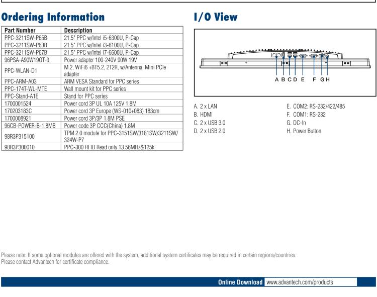 研華PPC-3211SW 21.5"無(wú)風(fēng)扇工業(yè)平板電腦, 搭載Intel? 第六代 Core? i 處理器