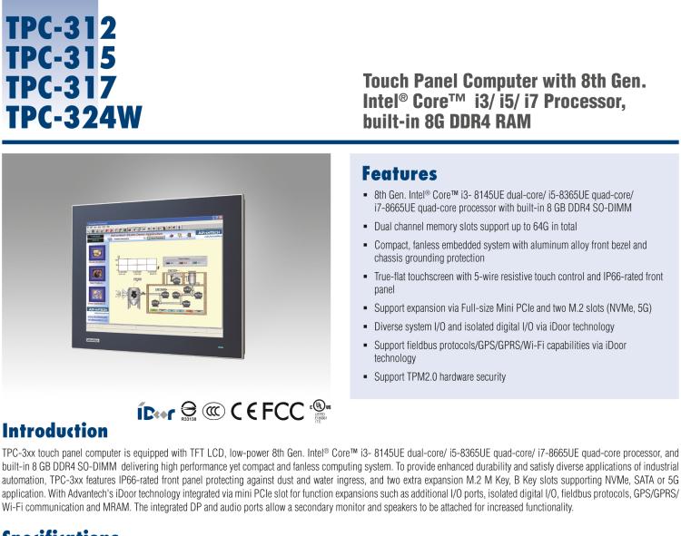 研華TPC-315 15英寸XGA TFT LED LCD觸摸屏電腦，搭載第八代Intel?Core? i3/ i5/ i7處理器，內(nèi)置8G DDR4 RAM