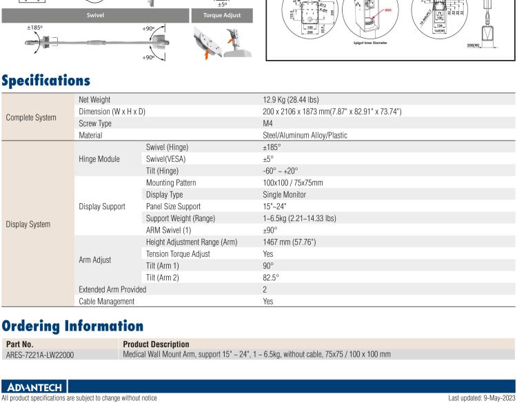 研華ARES-7623C Bundled with ARES-7600C, ARES-7623C provides a medical-grade ceiling long-reach arm that can be used with bedside PIT (with a load of 6~12 kg).