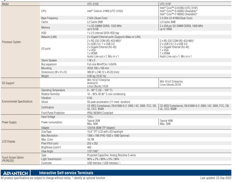 研華UTC-515D 15.6" 多功能觸控一體機，內(nèi)置英特爾? BayTrail J1900，可附接豐富的外圍設備