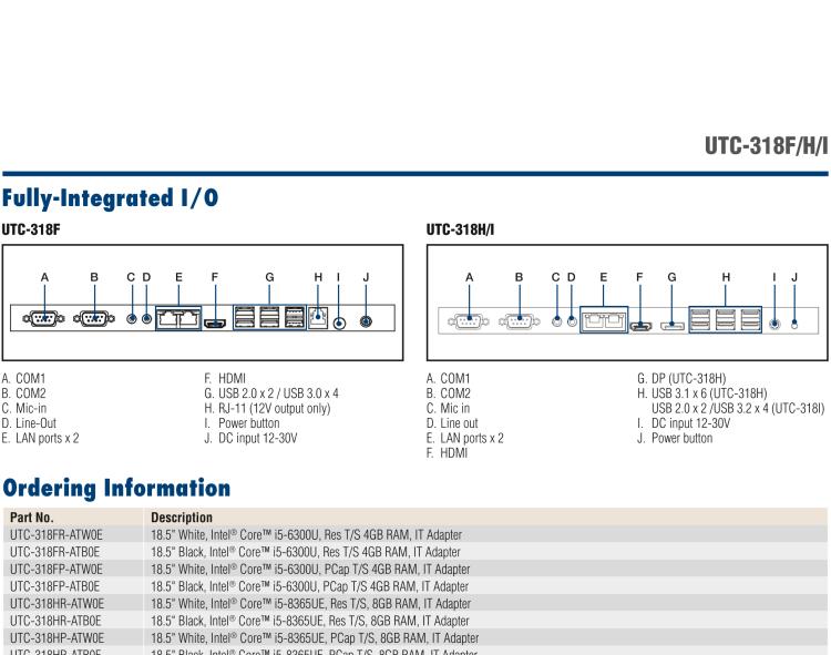 研華UTC-318H 18.5" 多功能觸控一體機(jī)，內(nèi)置 Intel? Core? i5-8365UE / Core? i3-8145UE