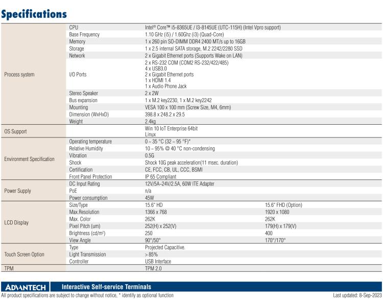 研華UTC-115H 15.6" 多功能觸控一體機(jī)，搭載 Intel? Core? i5-8365UE