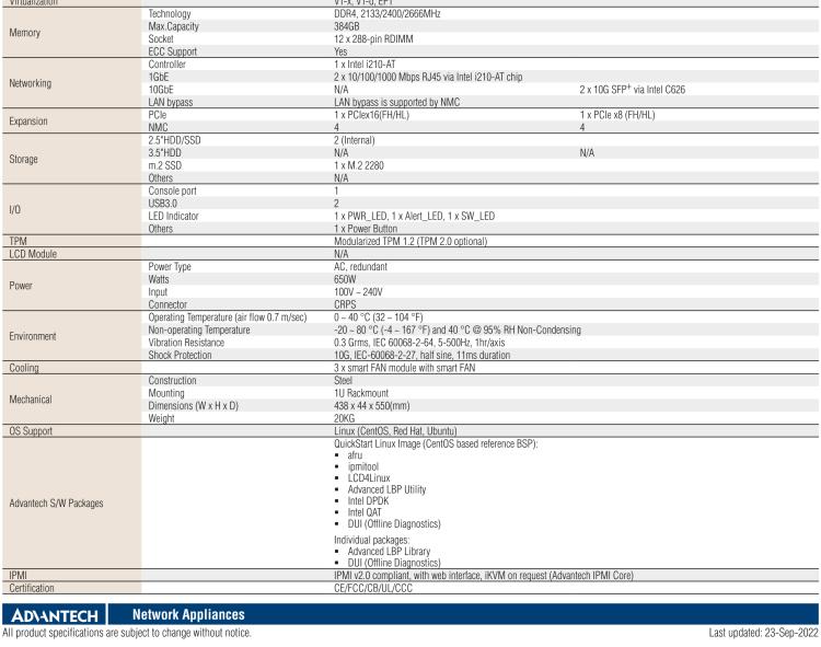 研華FWA-5070 基于Intel?Xeon?處理器可擴展系列1U機架式網絡應用平臺，最高支持4個NMC插槽