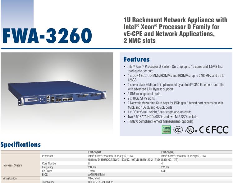 研華FWA-3260 基于Intel? Broadwell XeonTM D-1500系列處理器 1U機(jī)架式網(wǎng)絡(luò)應(yīng)用平臺(tái)