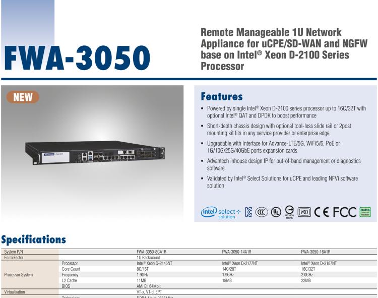 研華FWA-3050 基于Intel?Xeon D-2100系列處理器，用于uCPE和下一代防火墻的遠(yuǎn)程可管理1U網(wǎng)絡(luò)應(yīng)用平臺(tái)